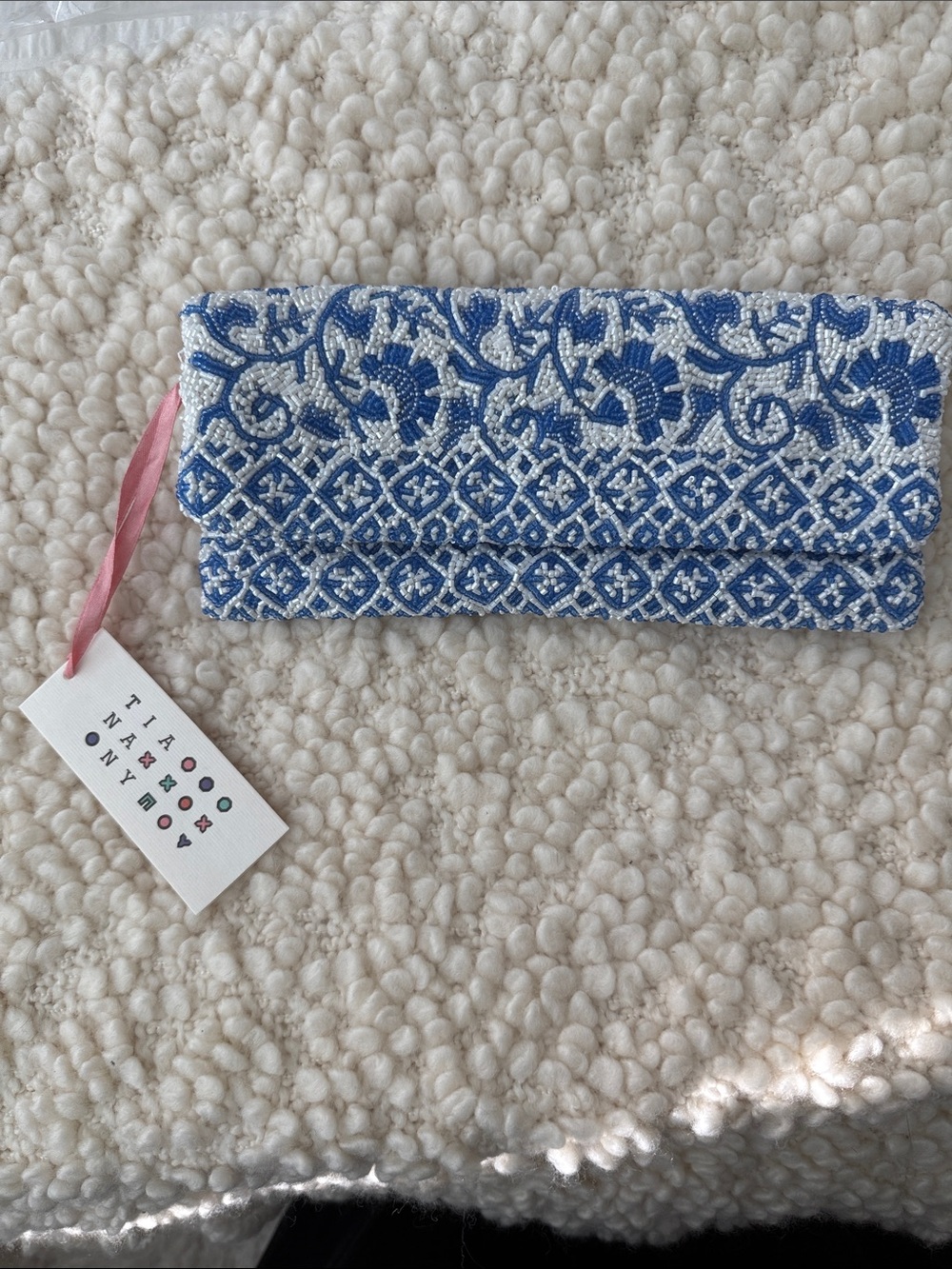 Blue and White Beaded Clutch Wallet